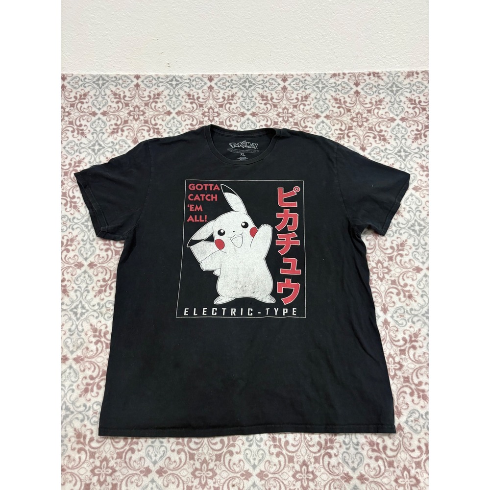 Pokemon Pikachu Electric-Type Black Graphic T-Shirt XL Japanese Text 2019 Cotton